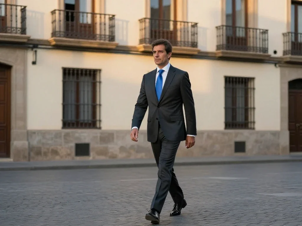 Hombre español elegante caminando por una calle madrileña al amanecer reflejando sofisticación y éxito.