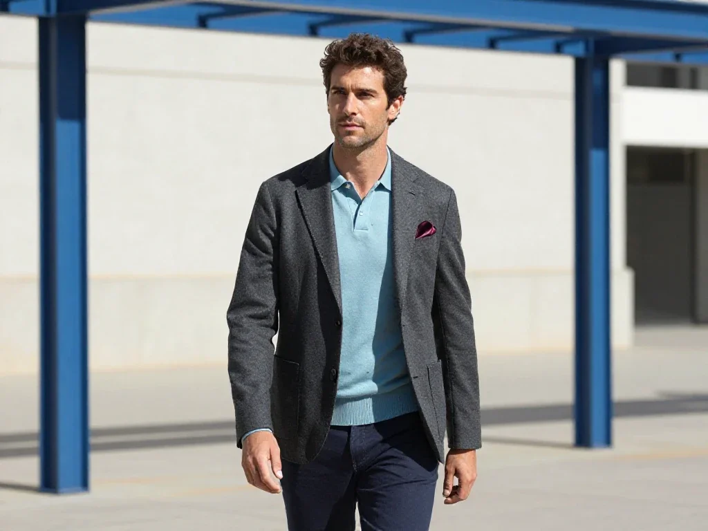 Hombre español con chaqueta elegante y pañuelo rojo mostrando las últimas tendencias de moda urbana.