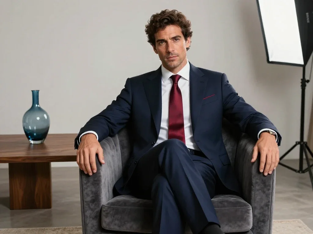 Un hombre español elegante posa en un ambiente sofisticado representando a celebridades destacadas.